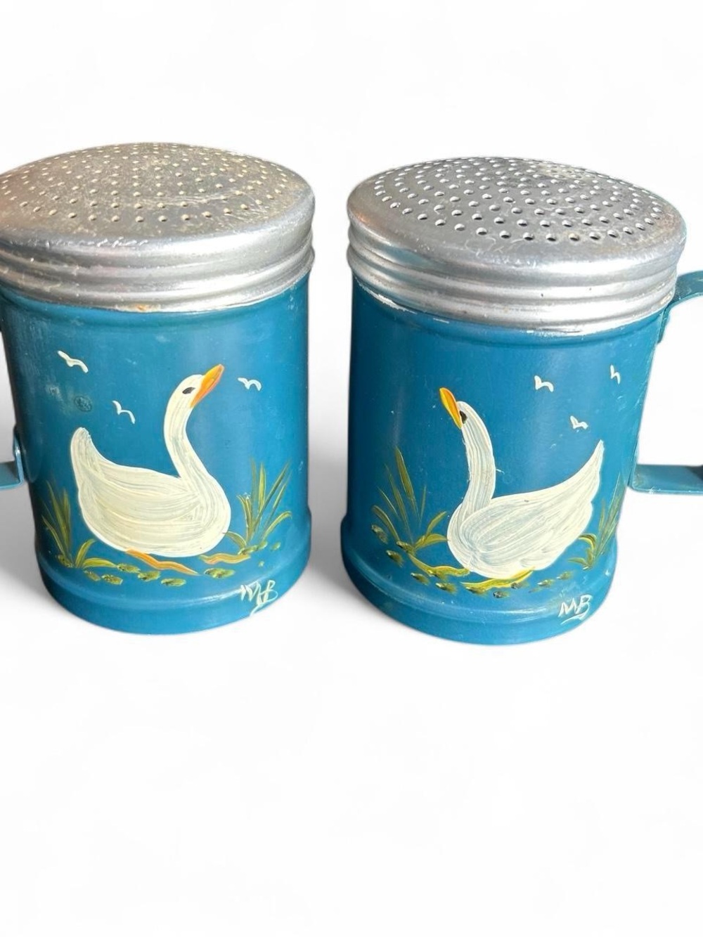 70s 80s country farmhouse hand painted metal salt pepper stovetop shakers pair